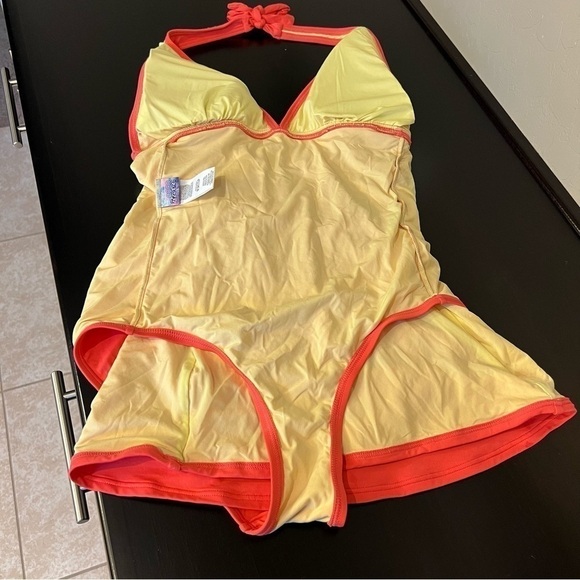 Coco Rave body contouring one piece swimsuit, orange, full coverage overskirt M - Picture 8 of 16